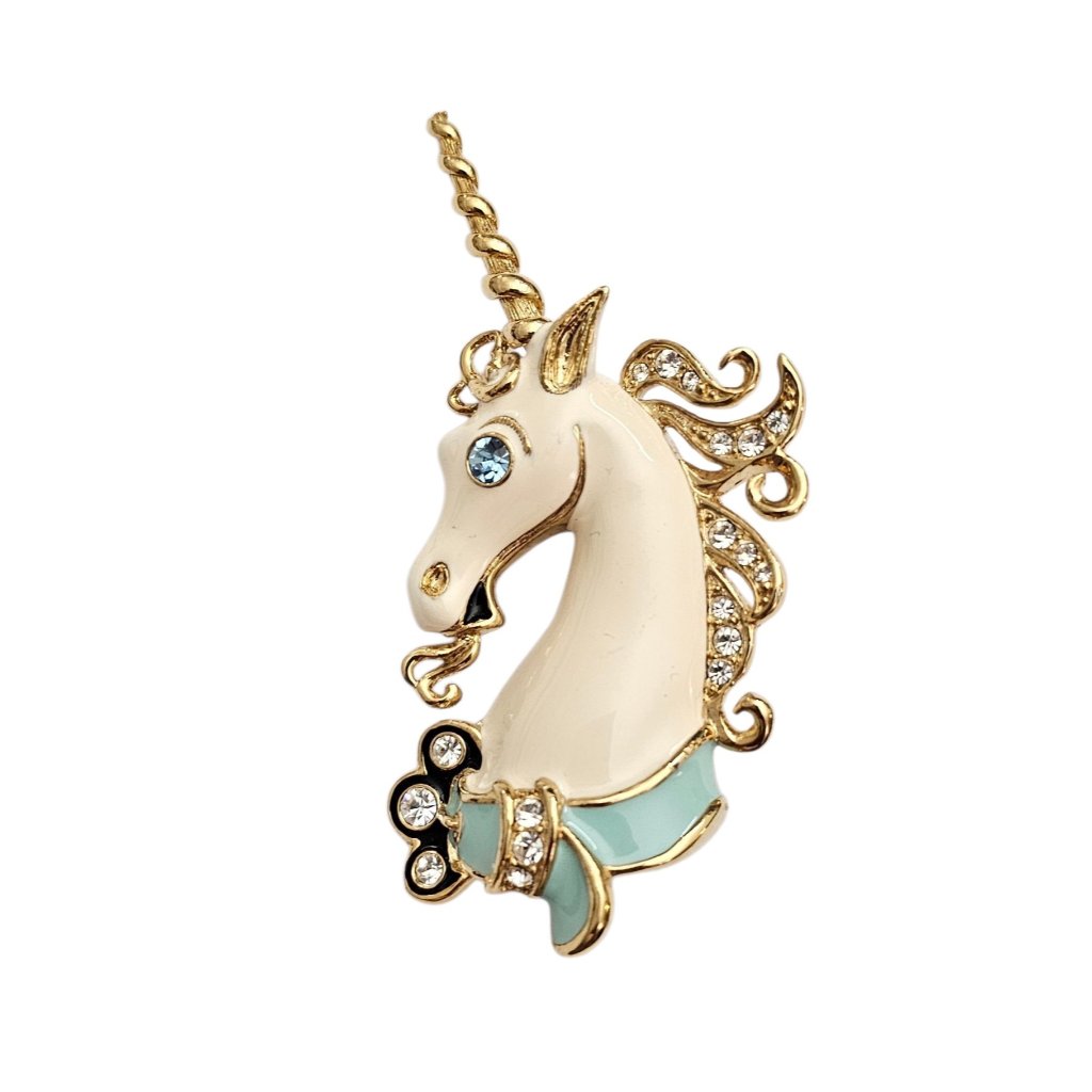 Bob Mackie Unicorn Brooch Robin's Egg Blue Buck Collar, Rhinestone Signed